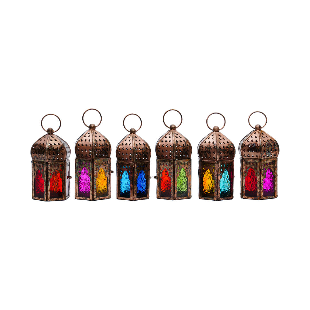 Mini Copper Antique Style Lanterns - Multi Color Glass (Set of 6)