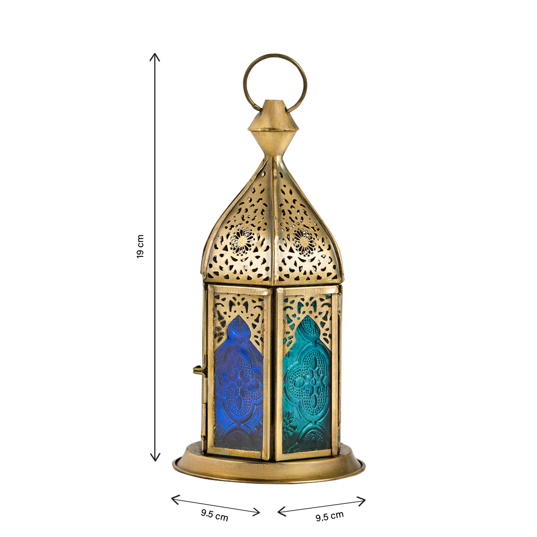 Blue Chic Short Brass Antique Lantern - Blue Turquoise Duo Glass