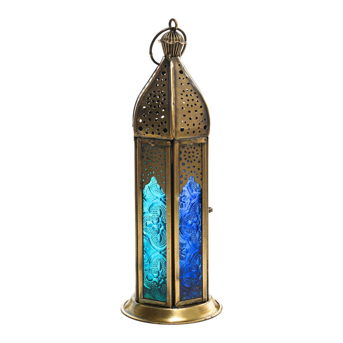 Blue Chic Short Brass Antique Lantern - Blue Turquoise Duo Glass