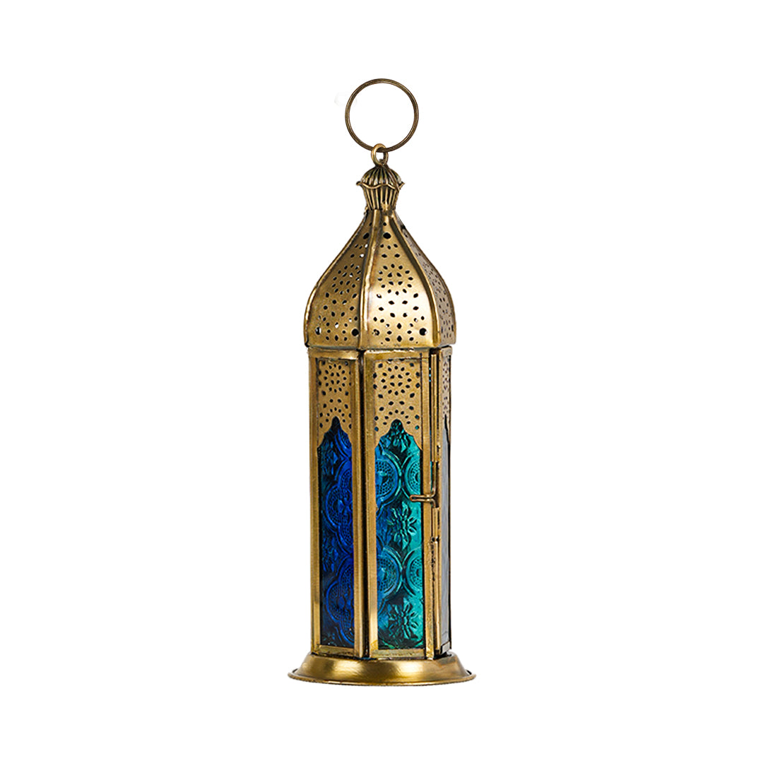 Blue Chic Short Brass Antique Lantern - Blue Turquoise Duo Glass