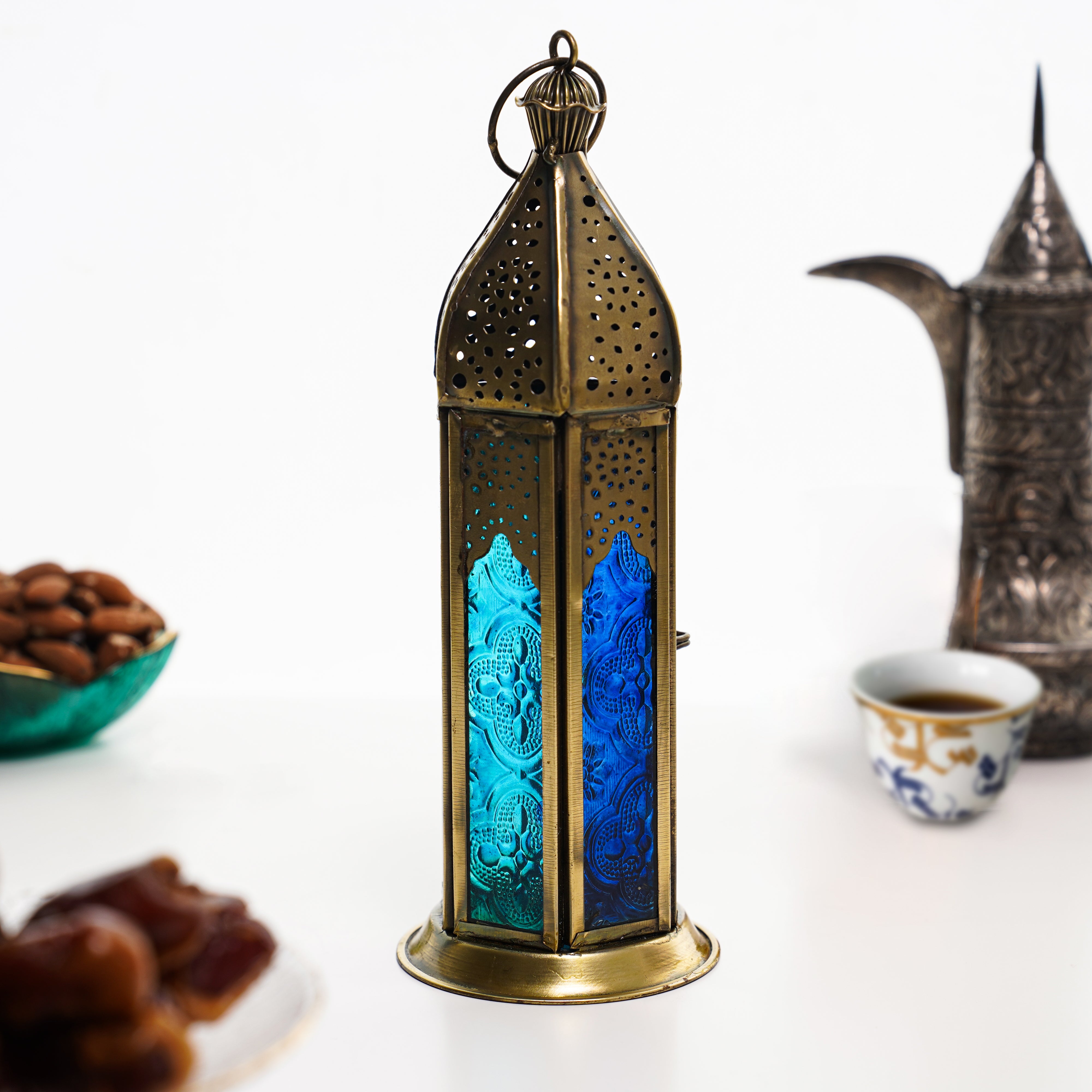 Blue Chic Short Brass Antique Lantern - Blue Turquoise Duo Glass