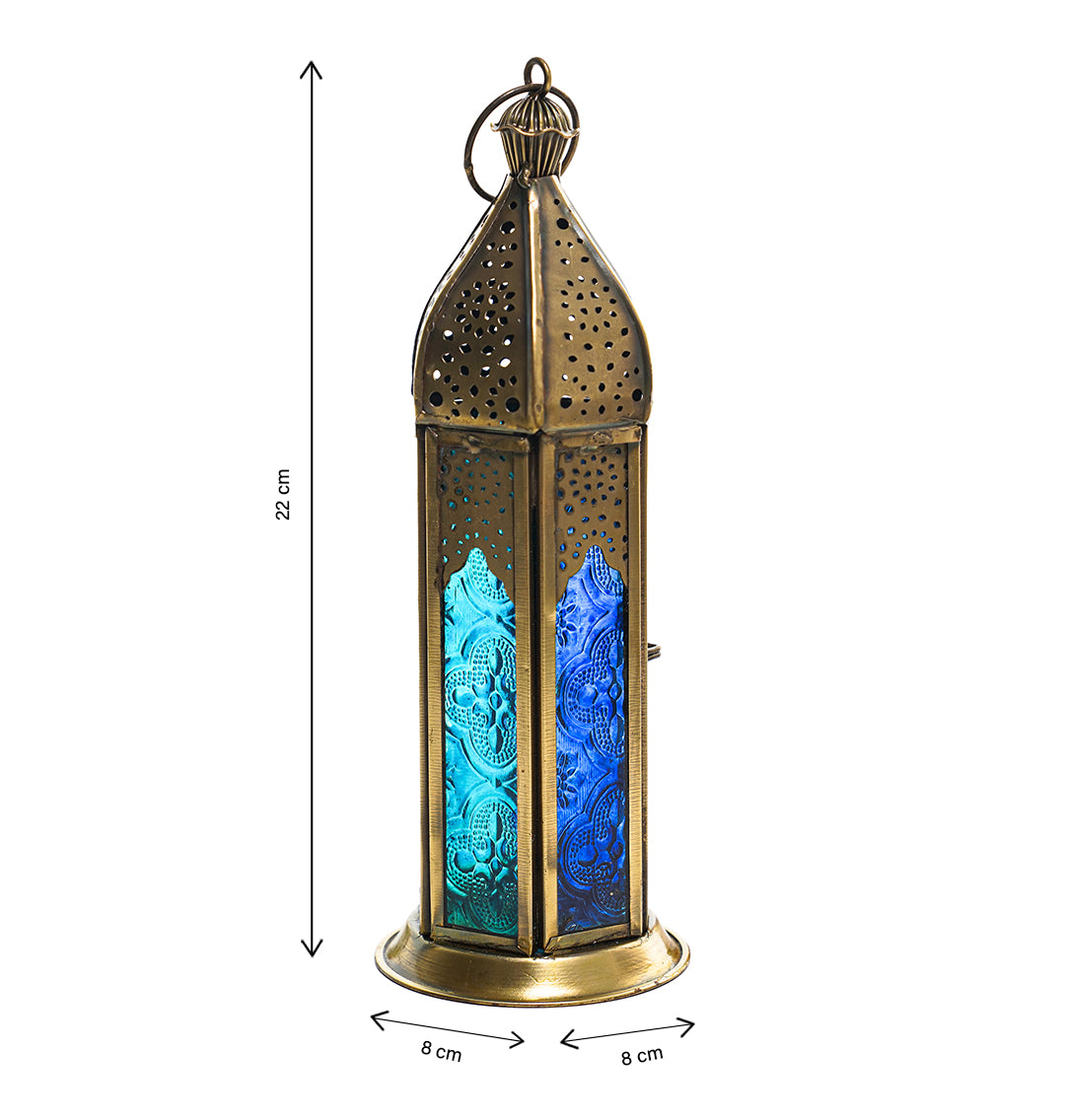 Blue Chic Short Brass Antique Lantern - Blue Turquoise Duo Glass
