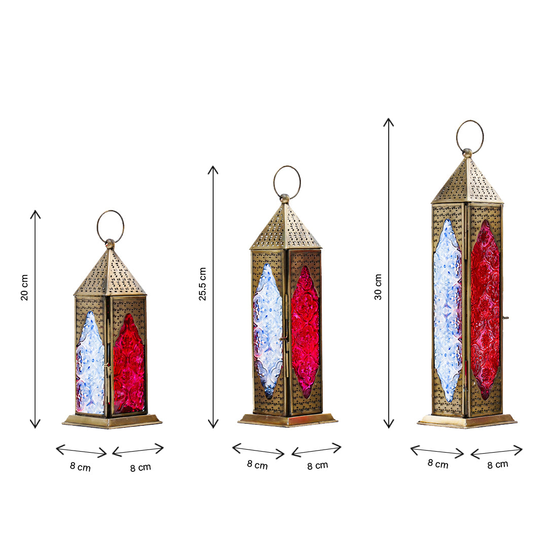 Trio Brass Antique Lanterns - Blue/Red Color Glass (Set of 3)