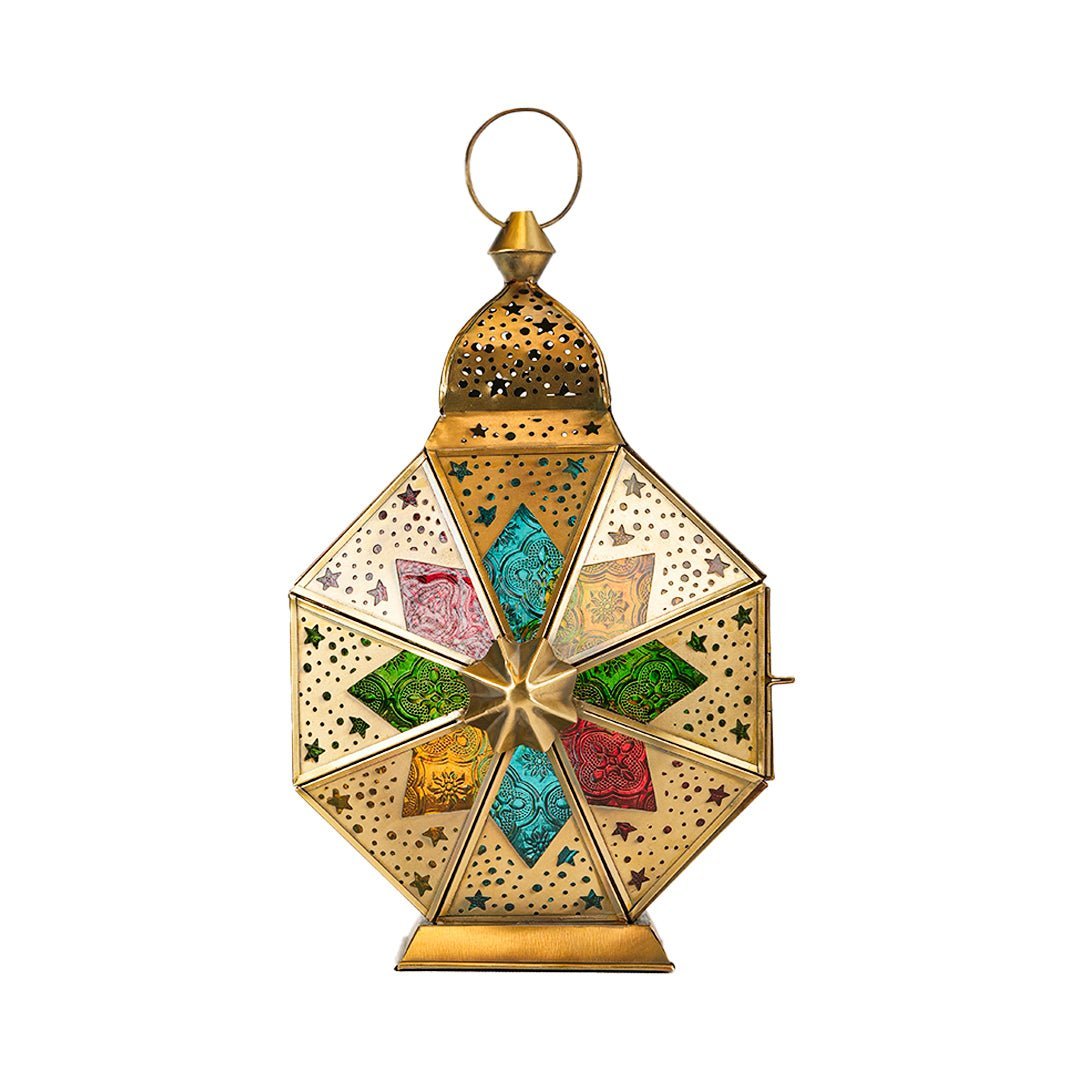 Cairo Charm Brass Antique Lantern - Multi Color Glass