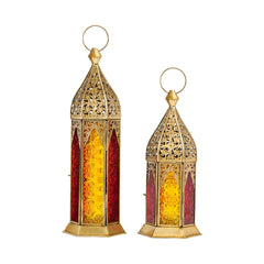 Duo Brass Antique Lanterns - Yellow/Red Color Glass (Set of 2)