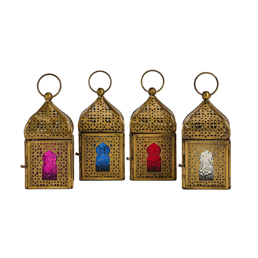 Mini Brass Antique Style Lanterns - Multi Color Glass (Set of 4)