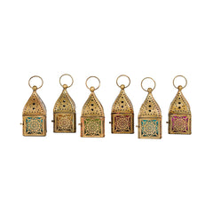 Mini Brass Antique Style Lanterns - Multi Color Glass (Set of 6)