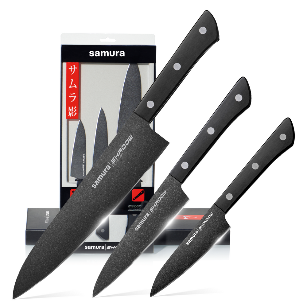 
                      
                        Samura SHADOW Set of 3 Kitchen Knives: Chef's knife, Utility knife, Paring Knife with Black Non-Stick Coating
                      
                    