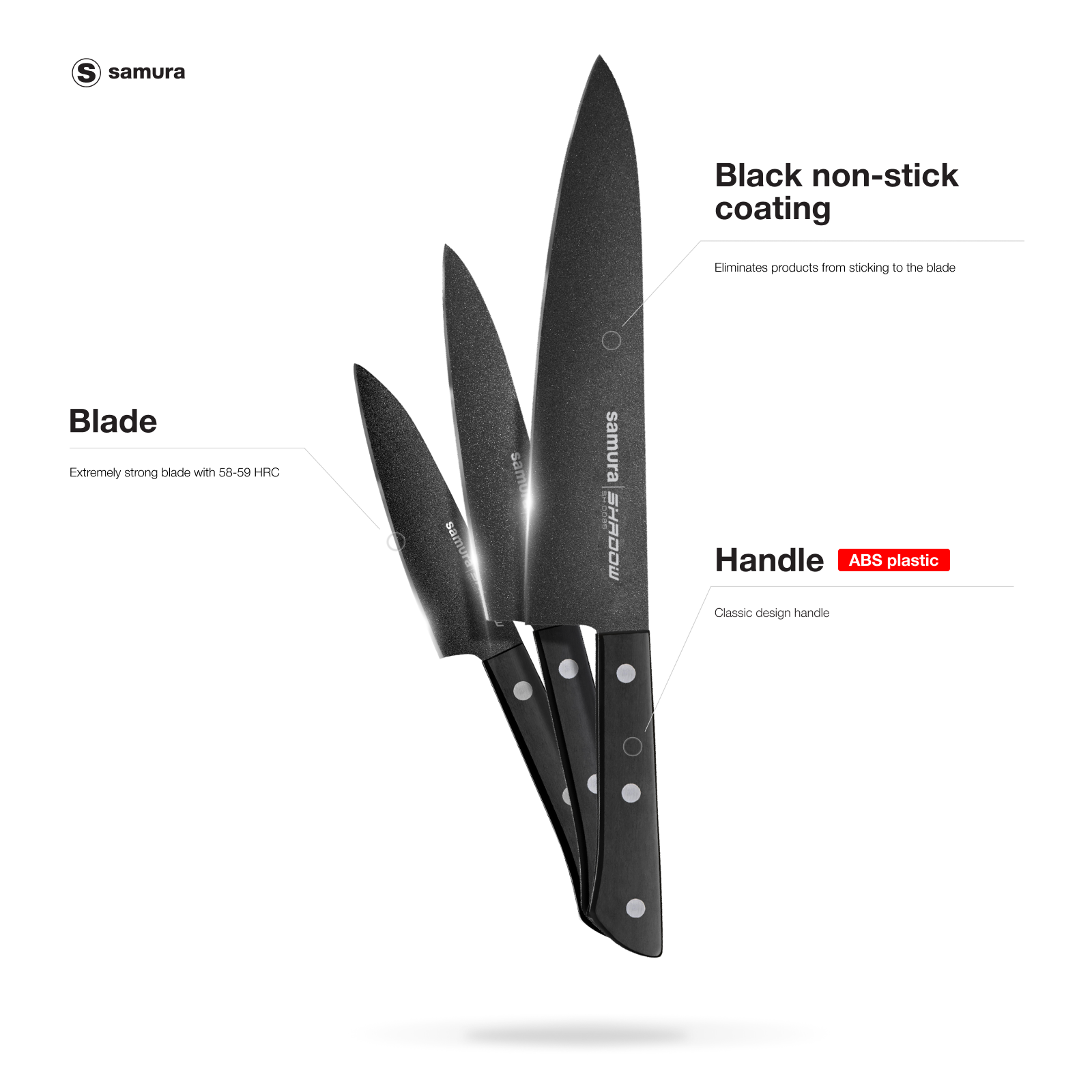 Samura SHADOW Set of 3 Kitchen Knives: Chef's knife, Utility knife, Paring Knife with Black Non-Stick Coating