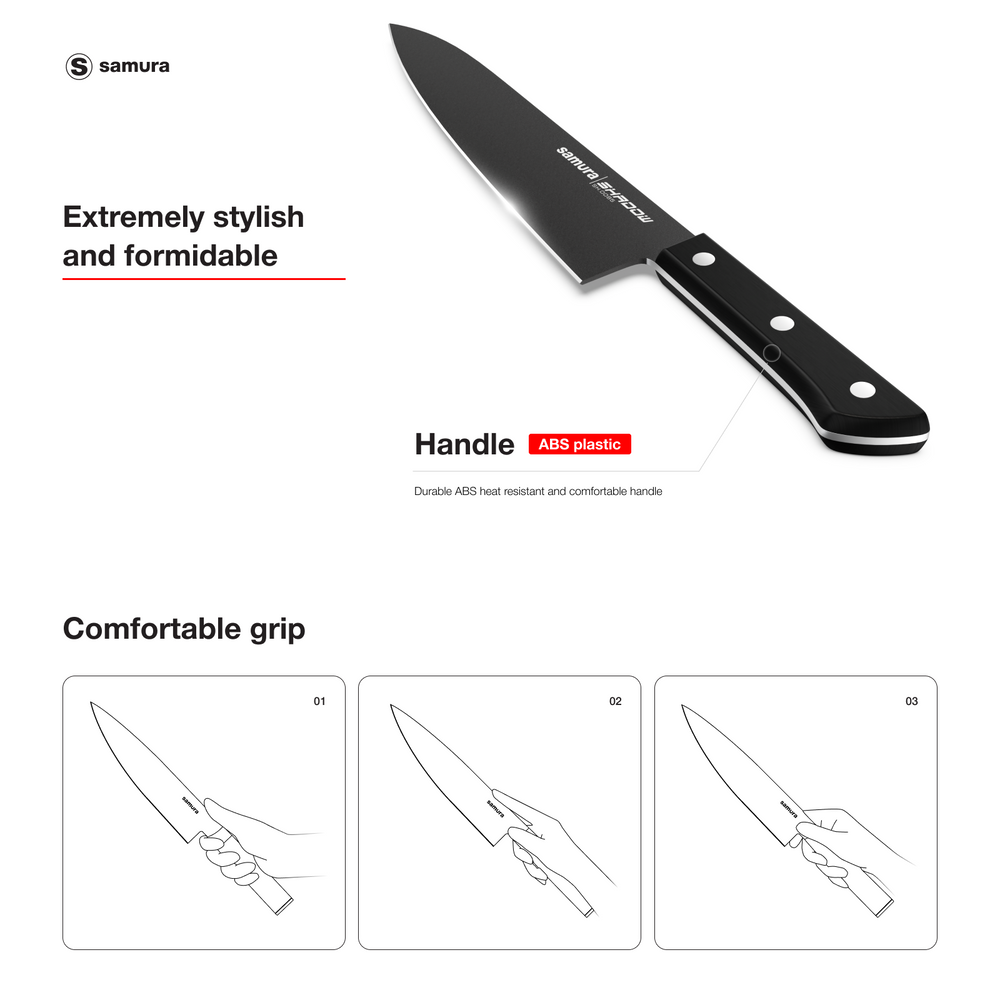 
                      
                        Samura SHADOW Set of 3 Kitchen Knives: Chef's knife, Utility knife, Paring Knife with Black Non-Stick Coating
                      
                    