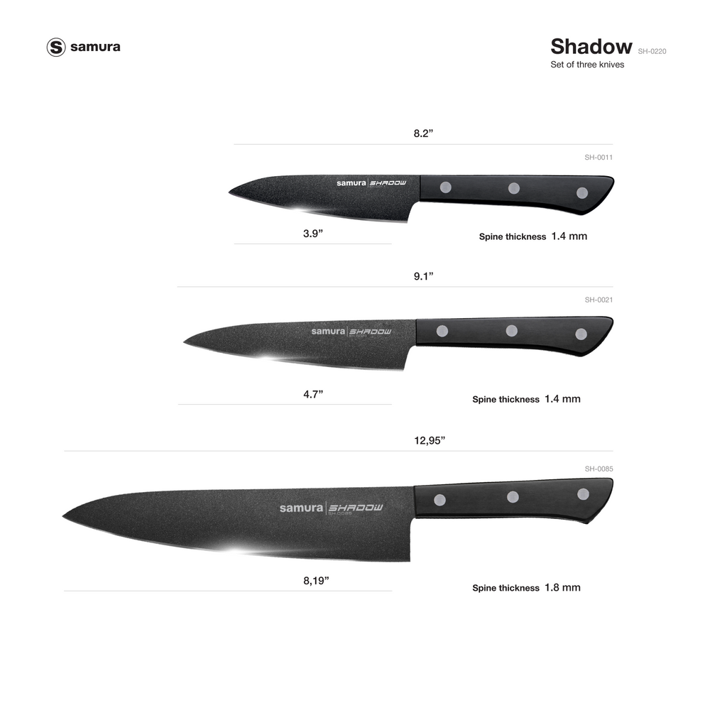 
                      
                        Samura SHADOW Set of 3 Kitchen Knives: Chef's knife, Utility knife, Paring Knife with Black Non-Stick Coating
                      
                    