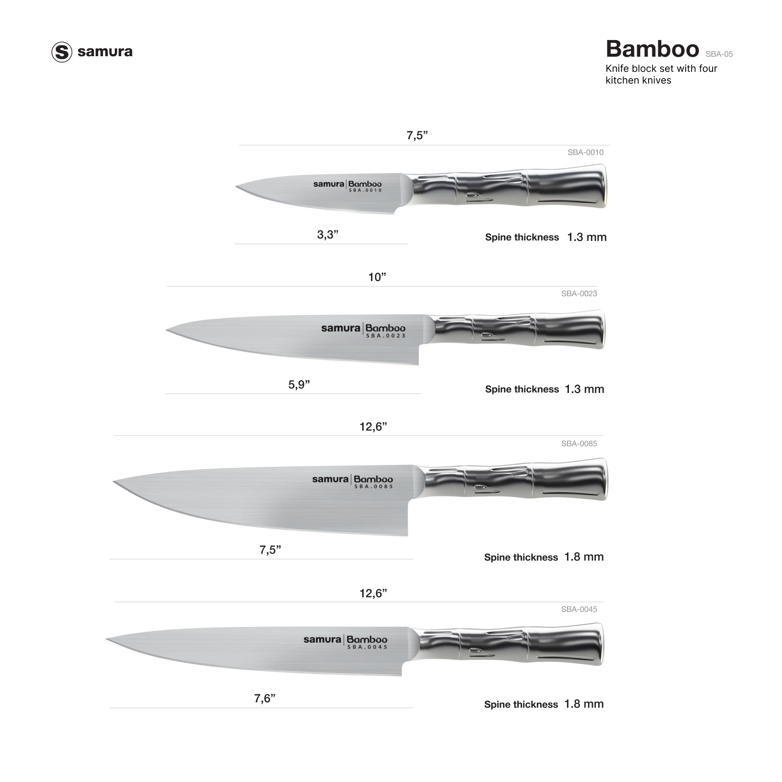 Samura BAMBOO Knife block set with 4 kitchen knives: Paring knife, Utility knife, Slicing knife, Chef’s knife, Brush Block