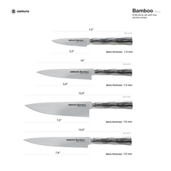 مجموعة سكاكين سامورا بامبو مع 4 سكاكين مطبخ: سكين التقشير، سكين الاستخدام، سكين التقطيع، سكين الشيف.