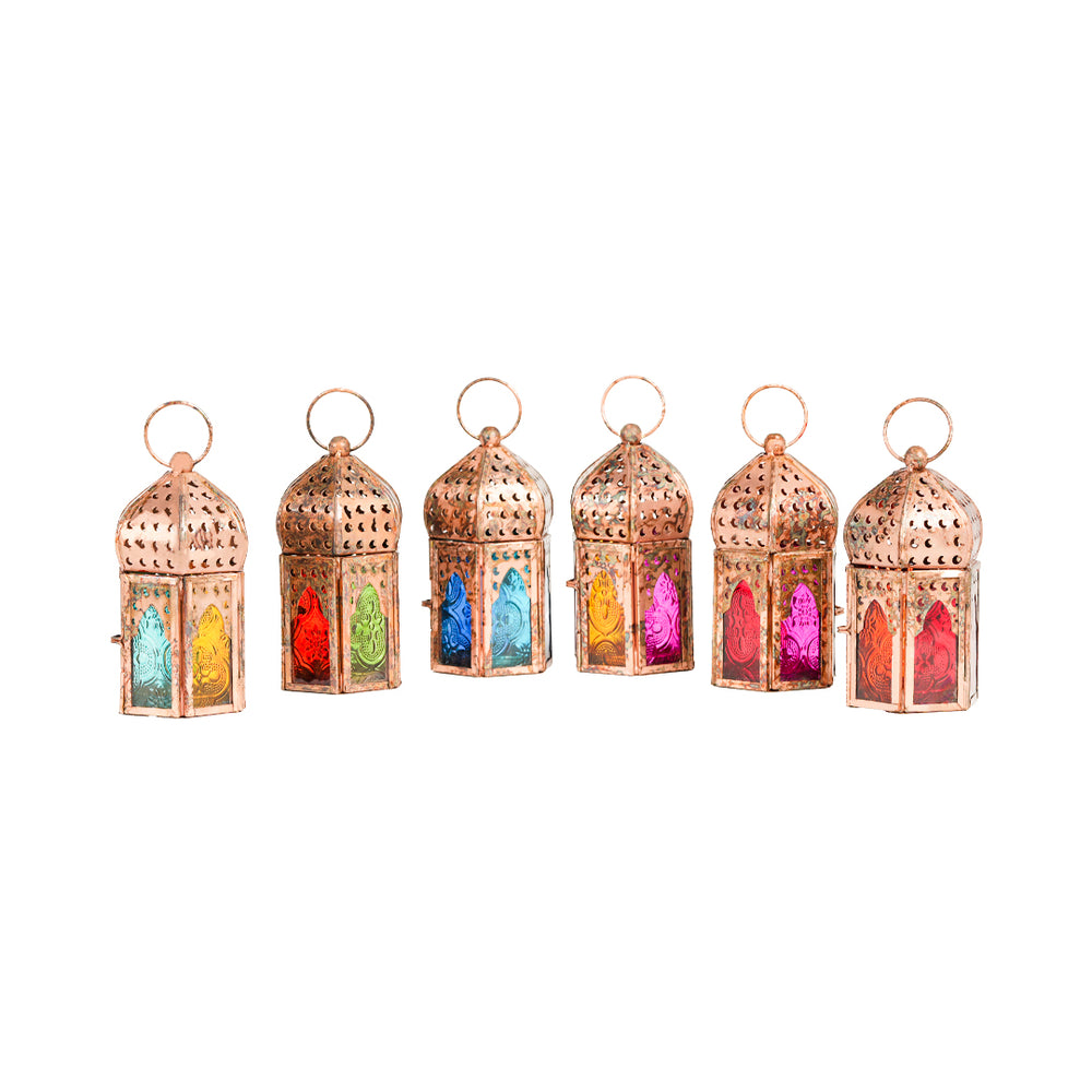 Mini Copper Antique Style Lanterns - Multi Color Glass (Set of 6)