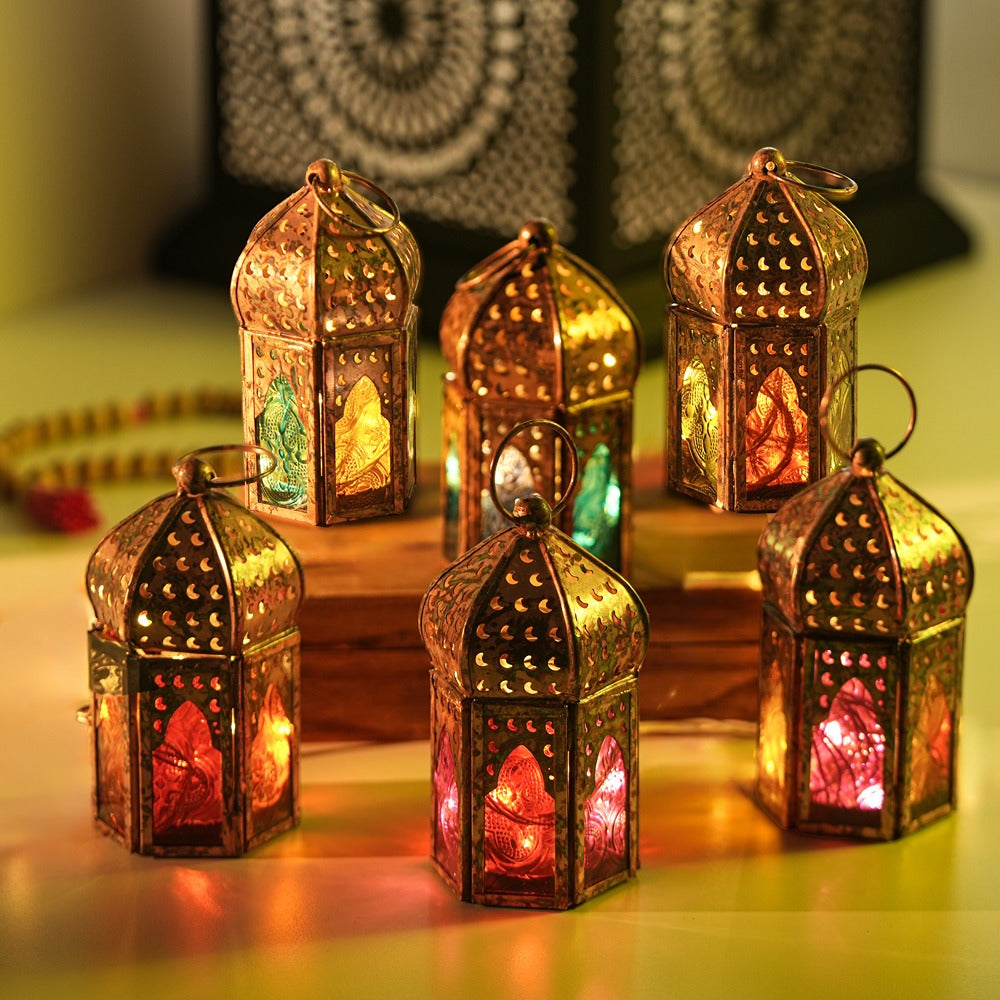 Mini Copper Antique Style Lanterns - Multi Color Glass (Set of 6)