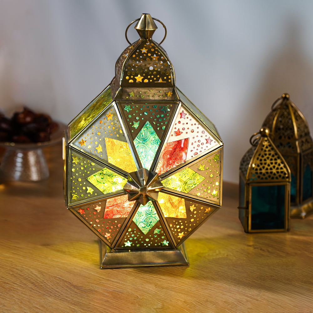 Cairo Charm Brass Antique Lantern - Multi Color Glass