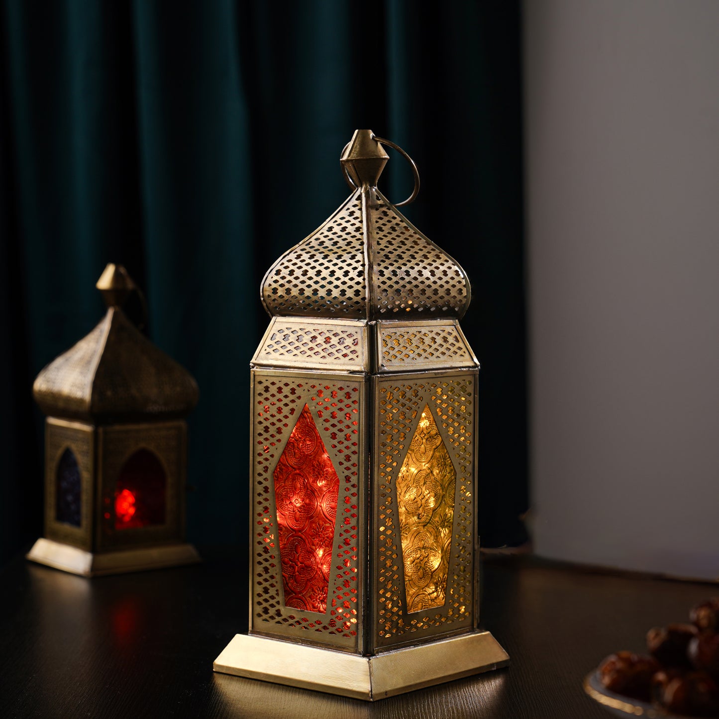 Maghreb Brass Antique Lantern - Green & Tangerine Color Glass