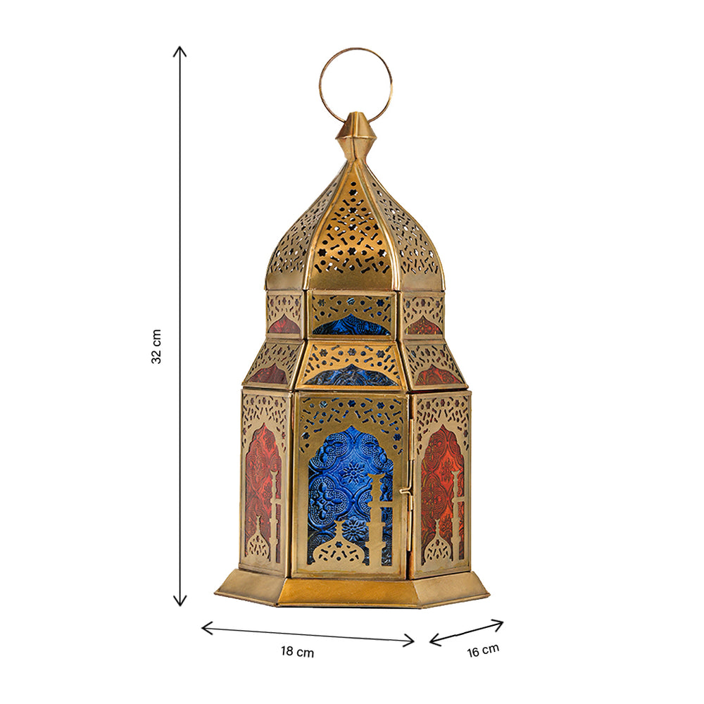 
                      
                        Lanterne Antique en Laiton de Mosquée du Maghreb - Verre de Couleur Rouge et Bleu Royal
                      
                    