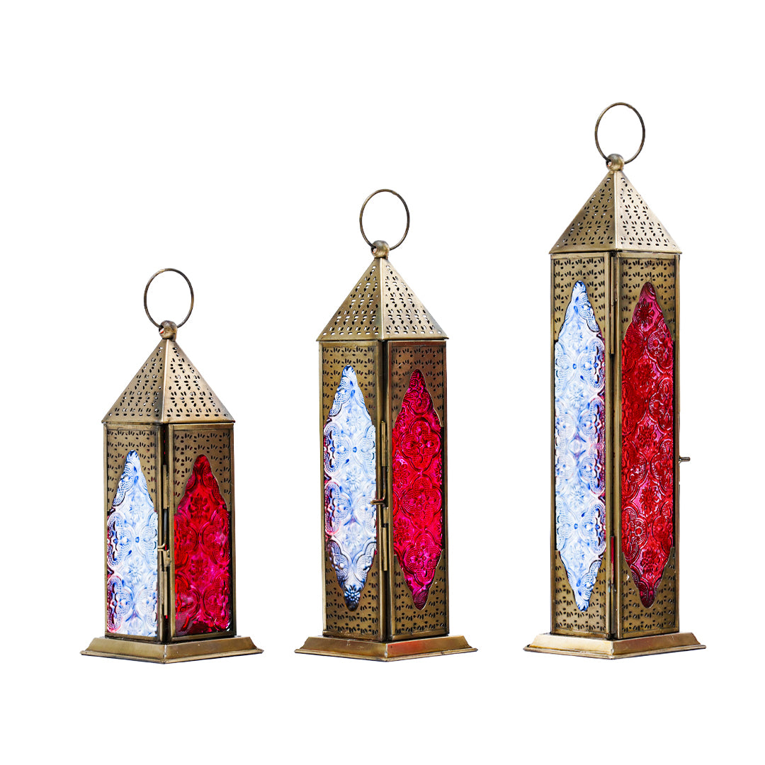 Trio Brass Antique Lanterns - Blue/Red Color Glass (Set of 3)