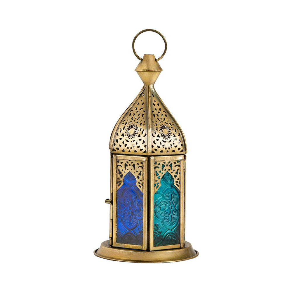 Blue Chic Short Brass Antique Lantern - Blue Turquoise Duo Glass