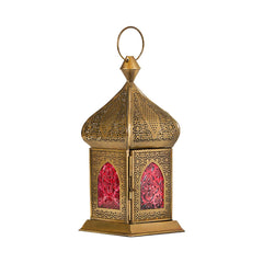 Lanterne Antique en Laiton Damascène - Verre de Couleur Rouge