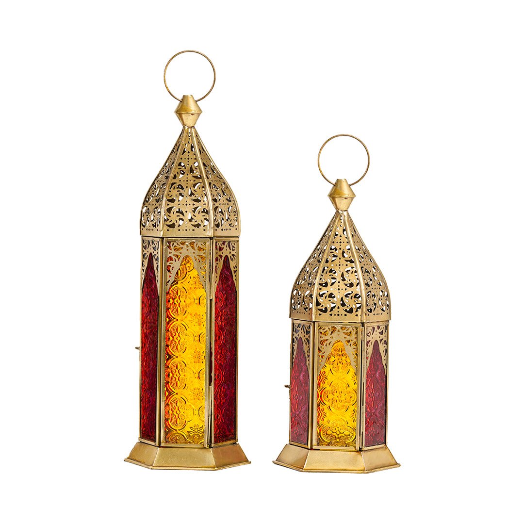 Duo Brass Antique Lanterns - Yellow/Red Color Glass (Set of 2)