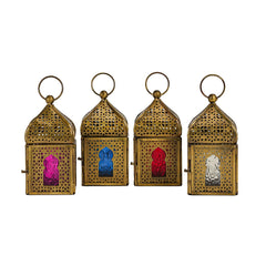 Mini lanternes de style antique en laiton - Verre multicolore (Ensemble de 4)