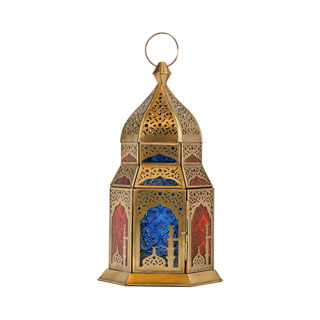 Lanterne Antique en Laiton de Mosquée du Maghreb - Verre de Couleur Rouge et Bleu Royal