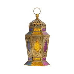 Oriental Golden Brass Antique Lantern - Multi Color Glass